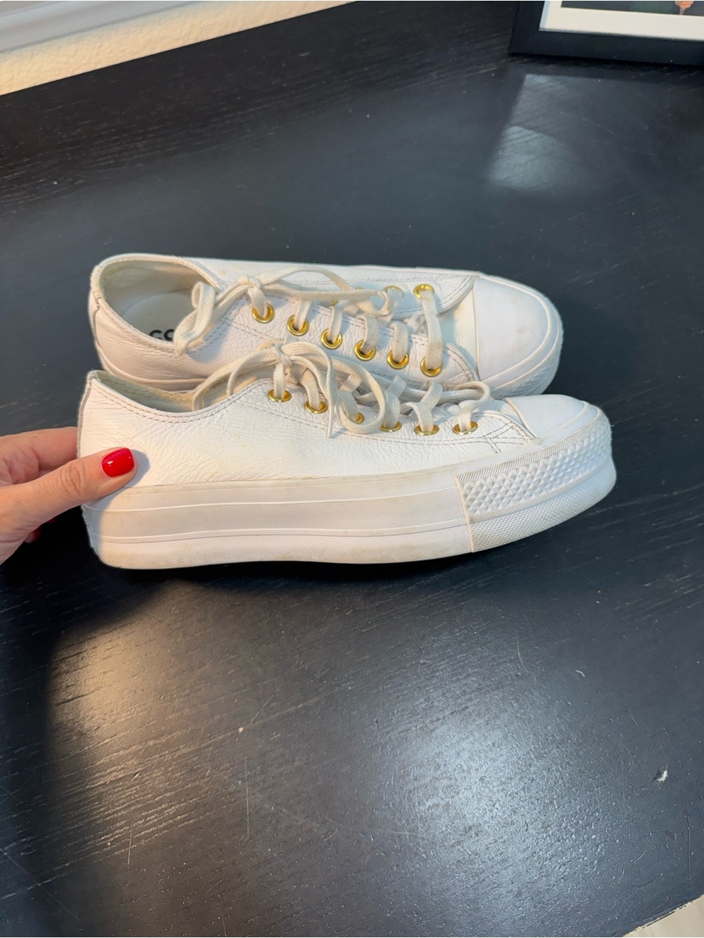 White Low-Top Platform Sneakers with Gold Eyelets - Women
